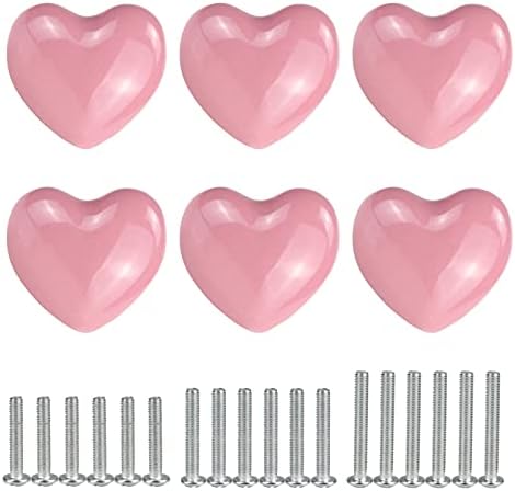 ertoory 6 Опаковки Розови Декоративни дръжки във формата на сърце за Скринове, шкафове, чекмеджета, гардероб, Серванта, Гардероб, Мебели, Кухни (3 размер на винта)