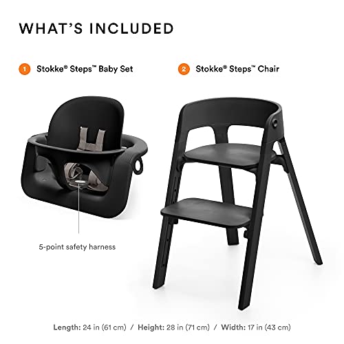 Столче за хранене Stokke Steps, черен Система на седалка 5 в 1 - Включва детски комплект - Подходящ за деца от 6-36 месеца