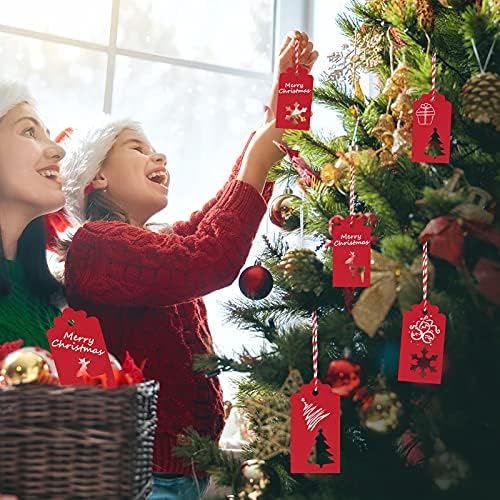 Коледни Подаръци Етикет с Бечевочными Етикети, 120 броя Червени Хартиени Етикети с Изображение на Елен, Елха,