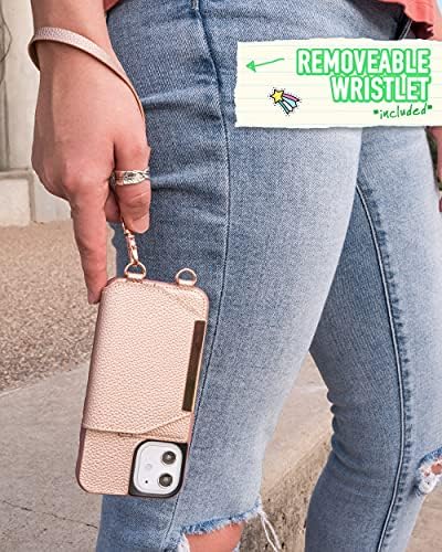 Луксозен калъф за носене през рамо за iPhone 12 Mini за жени - Dancing Queen [Чантата /Клатч с подвижна каишка и държач за карти] - Розово за целия ден