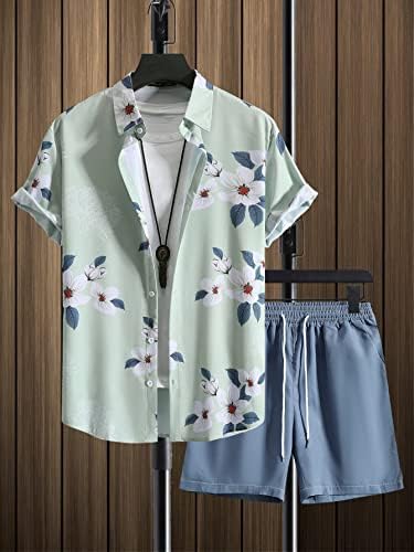 NIBHZ Облекло от две части за мъже, Мъжка Риза с флорална принтом и къси панталони с завязками на талията, Без тениски (Цвят: многоцветен, Размер: Малък)