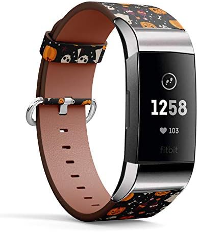 Съвместим с Fitbit Charge 4 / Charge 3 / Charge 3 SE - Кожена каишка за часовник, каишка за китката-гривна с адаптери от неръждаема стомана (тиква за Хелоуин)