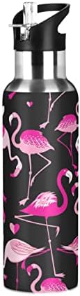 Бутилка за вода Glaphy Pink Flamingos Hearts, Бутилка за вода, 20 грама със Сламен Капак, Изолирано от Неръждаема Стомана,