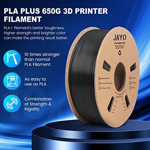 Конци за 3D-принтер, JAYO PLA + Конец 1,75 мм, Точност +/- 0,02 мм, Картонена макара 0,65 кг, Материал за 3D печат е Подходящ за повечето 3D принтери FDM, PLA Plus Black 650 г