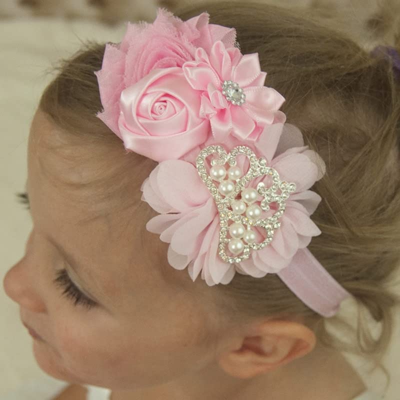 Превръзка на кръщенета Nishine за малки момичета, тъканно превръзка на главата с цветя модел, диадема, еластична дъвка в двойки (детска, бяла / розова)