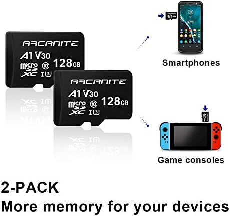ARCANITE 2 Pack Картата с памет е microSDXC, с капацитет 128 GB - A1, UHS-I U3, V30, 4K, C10, microSD, Оптималната скорост на четене до 90 MB/s.