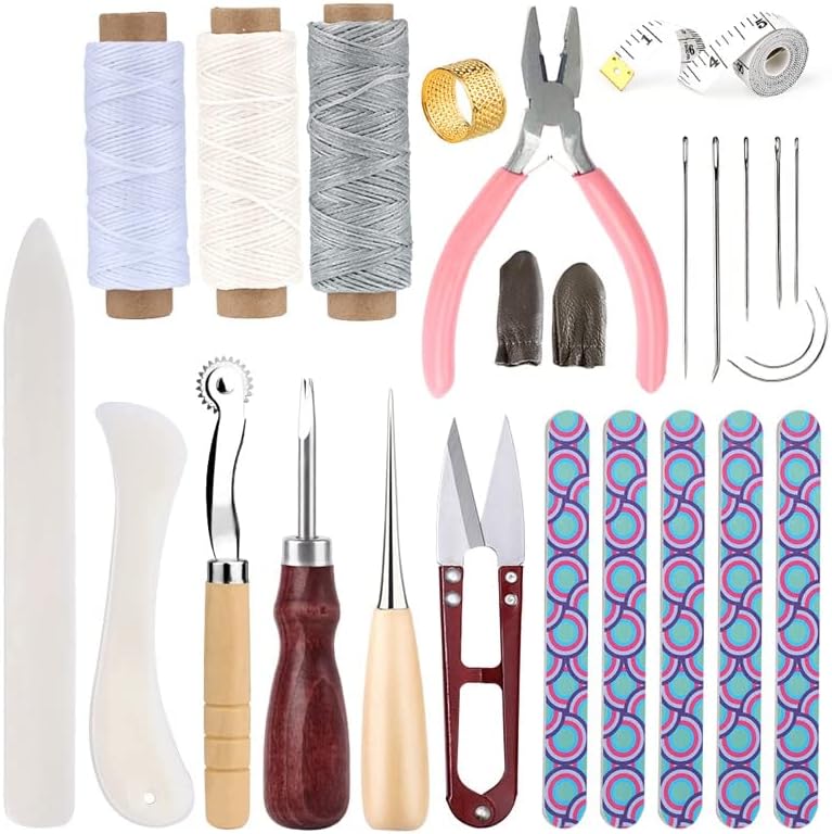 Набор от инструменти за фабрика за щавене на кожи Занаяти KAOBUY с Восъчна Конци, Игла за Ръчен Бод, Wheelhead Лента, Кожен Нож за Ръчно изработени