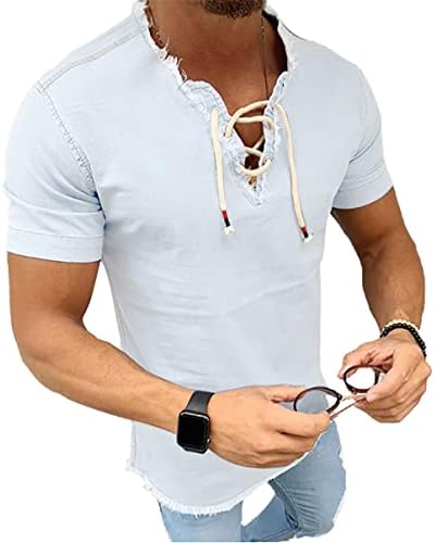 IWQBQ Мъжки Модни Тениска С V-образно деколте, Всекидневни Пуловер за Бодибилдинг, Деним Риза