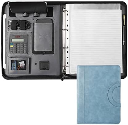 HOMFLOW A4 Кожен Бележник с цип джоб за Портфейл, Държач за Notepad, Бизнес папка от Изкуствена Кожа, хартия за писма с Безжична Зареждане, Калкулатор, Изпълнителен Корици, К