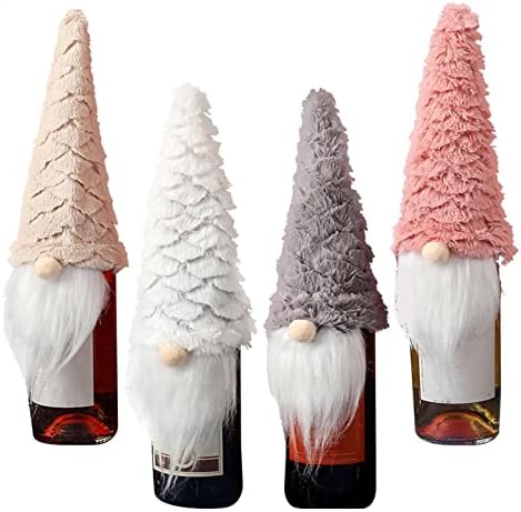 Ushomin 4 Опаковане на Коледни Капачки за Бутилки Вино, Ръчно изработени и Меките Плюшени Капачки за Бутилки Вино за Коледна Украса Подаръци за Празнични Партита