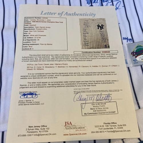 Екипът на Шампионската Световните серии 1999 Ню Йорк Янкис Подписа Фланелка на Дерек Джетера JSA COA - Тениски MLB с автограф
