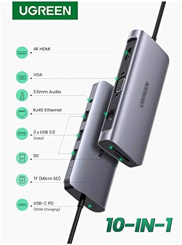 HGVVNM C USB Хъб 10 в 1 USB Type C до 4K, HDMI USB 3.0 VGA PD 3,5 мм Пълнофункционално Hub