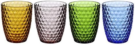 Комплект цветни чаши за ЦЯЛАТА ДОМАШНИ прибори и чаши за вода от 4 цветни чаши за пиене, (12 унции) и Комплект чаши за вода от цветно стъкло в ретро стил от 4 цветни чаши