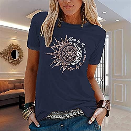 Графични Тениски за жени, Реколта Тениски с Принтом на Слънцето и Луната, Къс Ръкав, през Цялата Силует, Ежедневни Свободни