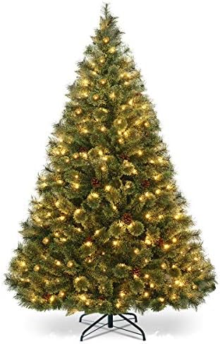 Коледно Дърво Goplus 6 МЕТРА, с Осветление, Цъфтеж Коледно Дърво на Панти, Изкуствена Борова коледно Дърво с Метална стойка