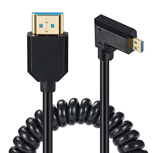 Спирален кабел Qaoquda Micro HDMI-HDMI, 8K, Micro HDMI Male-HDMI Male под ъгъл 90 Градуса, Пружинен удължителен кабел 2.1 за таблет, видео карти, лаптоп (1,2 М / 4 фута) (Под прав ъгъл)