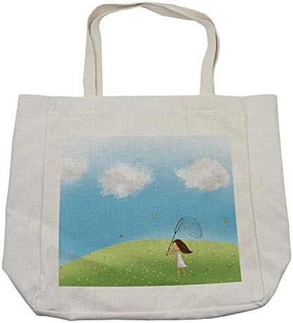 Мультяшная Пазарска чанта Ambesonne, Лъки Момиче, Гоняющаяся за пеперуди с окото на пролетта на една поляна, Дългогодишна