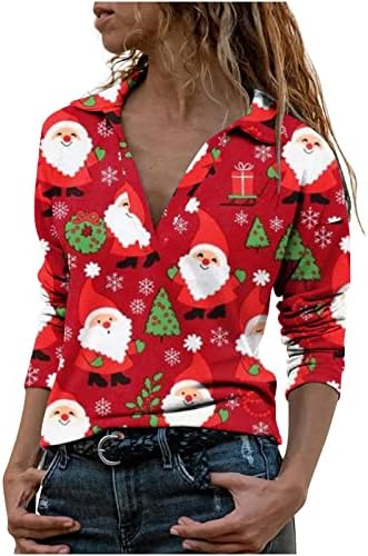 Женска Тениска, Модни Коледа Риза с V-образно деколте и Копчета, Блузи с Дълъг Ръкав, Пуловер, Коледна Реколта Туника с Принтом, Блуза за Жени