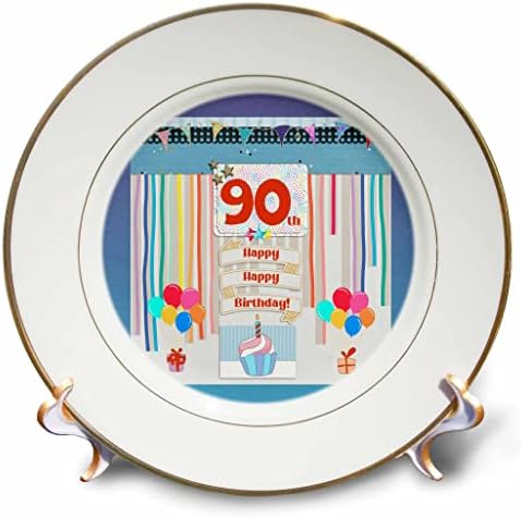 Триизмерен образ на етикет с участието на 90-та годишнина, Торта, Свещи, балони, подаръци, Серпентина - Чинии