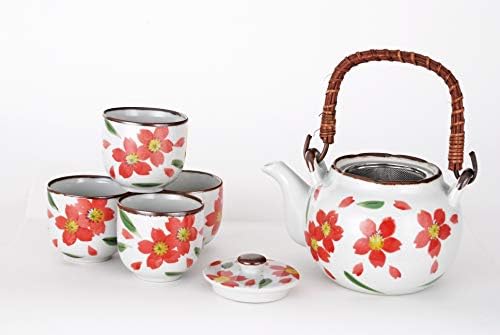 Fuji Merchandise Corp Чай в Японски Стил, Порцеланов Чайник обем 22 Течни Унции, Цедка и Комплект от 4 Чаши с Шарките на Камелия Червена