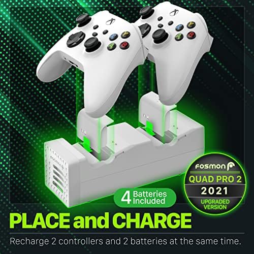 Зарядно устройство за контролер Fosmon Quad PRO, съвместимо с контролерите на Xbox X series / S (не е за Xbox One / 360 / Elite 2), Двойна док-станция за зареждане с 4 акумулаторни батерии - Бя