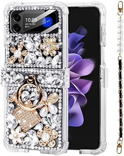 Калъф Leiju за Samsung Galaxy Z Flip 4 с каишка, 3D Ръчно изработени, Великолепни Искрящи Камъни, с украса