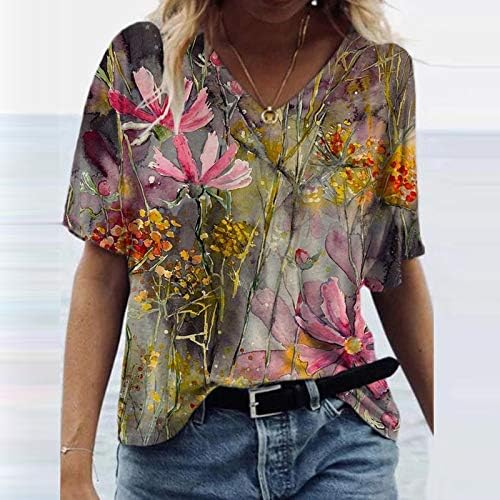 Дамски Летни Блузи, Модни тениска с флорални принтом, Ежедневни Свободни Върховете на Размера на Плюс, Тениска с V-образно деколте и цветисти принтом, Върхове