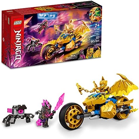 Комплект LEGO NINJAGO Jay's Golden Dragon, Плюшени мотоциклет 71768 с Дракон, Фигура Паяк и Минифигуркой Джей, Идея за Подарък за рожден Ден за деца от 7 години