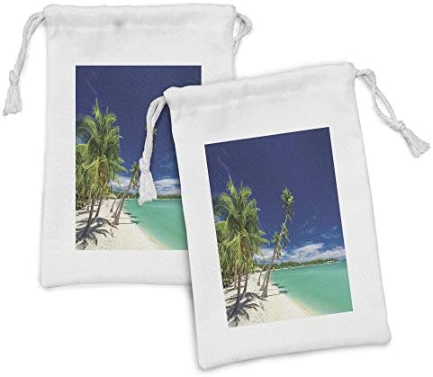 Комплект от 2 чанти от плат Ambesonne Fiji, Екзотичен Плаж с Дълги Кокосови палми над Лагуна, Малка Чанта на съвсем малък за Тоалетни принадлежности, Маски и Сувенири, 9 x 6, Т