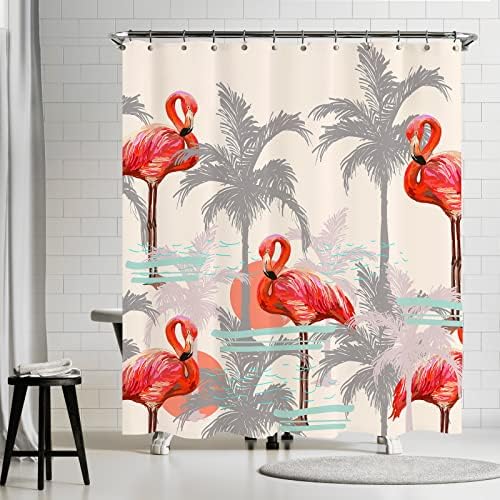Завеса за душ VEGA U с Фламинго за Баня, Декорация във формата на Тропическите животни, с дланта тема, с куки,