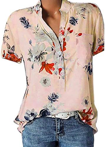 Gufesf Дамски Блузи с къс ръкав 2023, Летни Тениски с V-образно деколте и Копчета, Свободни Блузи, Елегантни Ежедневни Тениски с Цветен Модел, S-5XL