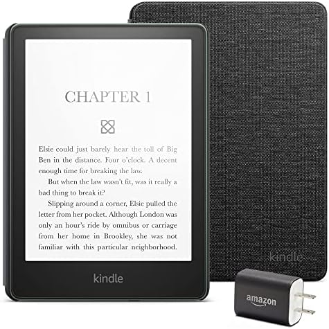 Комплект Kindle Paperwhite Essentials, която включва Kindle Paperwhite (16 GB) цвят Агаве, текстилен калъф цвят агаве и адаптер за захранване.