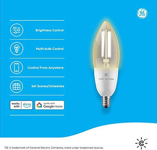 Умни led крушки на GE Lighting CYNC, нежно-бяло, Bluetooth и Wi-Fi интернет, работят с Alexa и Google Дома, Декоративни лампи, Малко основание (4 бр.)