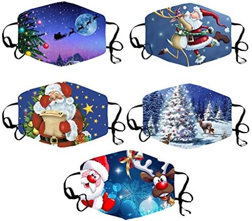 Cmofter 5-pack Весела Коледа Маска За Лице С Активен Въглен, с Коледен Принт На Открито, за Многократна употреба Миещи шарена кърпа За Защита на Лицето, Покриващи Лицето