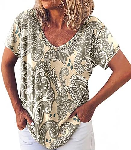 Есенно Лятна Блуза-Риза с Къс ръкав за жени 2023, Памучен Тениска с Дълбоко V-образно деколте и Графичен Дизайн,