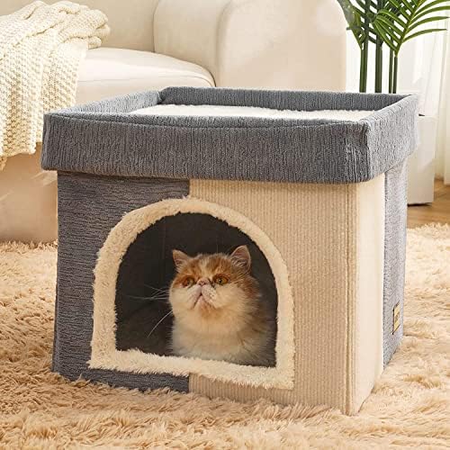 Jiupety Къща-легло за котки | 2 в 1 Къщички за котки в затворени помещения | 16-Инчов Кубичен Голяма Къща | Направи си САМ | Многоцветен (Небето-Сиво и бяло)
