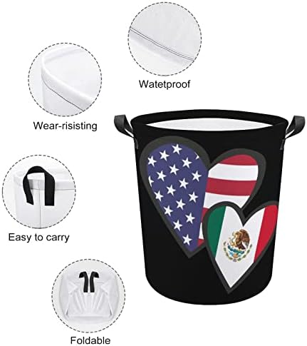 Преплитане на Сърцето Американското Знаме на Мексико, Кошница за Дрехи, Кошница За Дрехи, Чанта За Съхранение на Боклук Кофи Сгъваема Висока с Дръжки