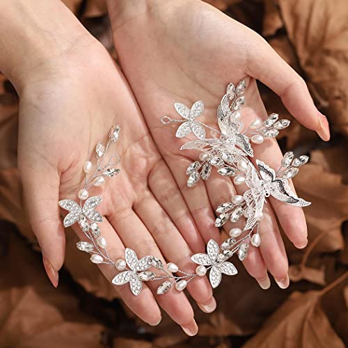 GORAIS Пеперуда на булката, сватбена лоза за коса, сребърен кристал, украса за коса, перлена превръзка на главата, аксесоари за коса, за жени и момичета