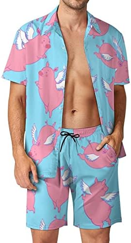 Мъжки Плажни дрехи, Летящи Piggy Blue Sky от 2 теми, Хавайска Риза с копчета с Къс ръкав и къси Панталони, Костюми