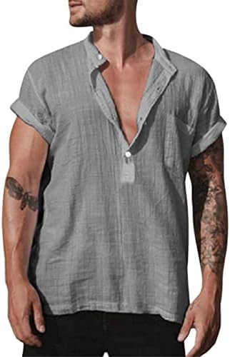 Bmisegm Летни Ризи Голям размер за мъже, Мъжки Летни Свободни Риза с висока яка, Обикновена Риза с Къс Ръкав, Мъжки