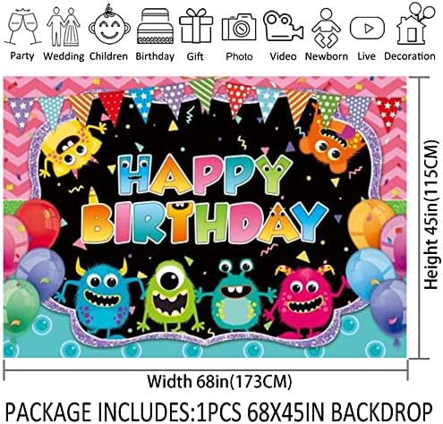 68x45 инча Малки Чудовища Фон за рождения Ден на Преливащи се цветове балони и Знамена Анимационен Филм Фон За Снимки на Детски