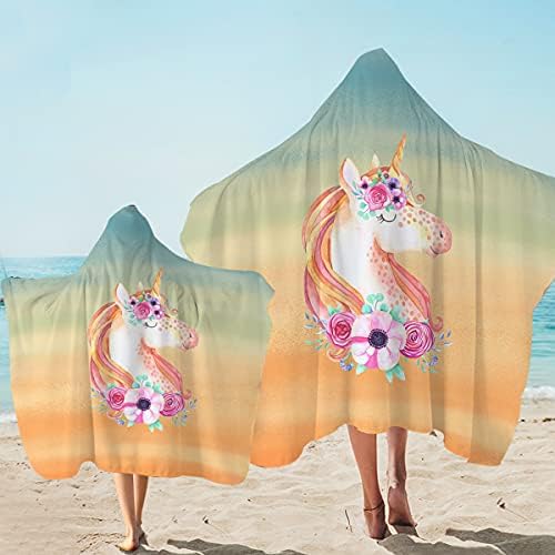 Женска кърпа с качулка Sleepwish Unicorn Roses, Акварельное Плажна хавлия с качулка във формата на Еднорог с цветен