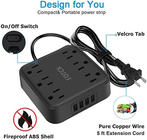 Удължител на контакт 2 с 4 USB порта и 6 розетки на ac адаптер, адаптер FDTEK от 2 до 3 розетки, Настолна зарядно