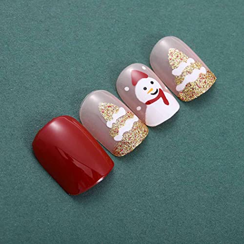 Bomine Коледен натиснете върху ноктите си Къси Квадратни Режийни Ноктите Гланцови Акрилни Режийни нокти за жени и