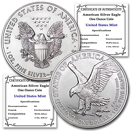 2021 Комплект (2) сребърни монети Американски Орел с тегло 1 унция (тип 1 и тип 2), Диамантени, без движение, със сертификати за автентичност, БУ