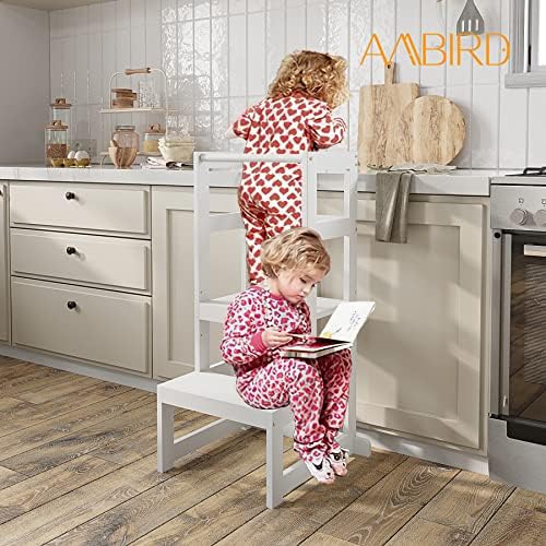Табуретка AMBIRD за деца, 3 Кухненски Стол с регулируема височина за деца 18-48 месеца, Дървена Табуретка за деца с поручнем