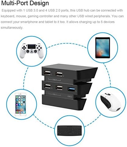 5-Портов USB хъб Bewinner, 5-портов USB хъб за конзолата Playstation 4 Pro, 1 порт USB 3.0 и 4 порта USB 2.0, уникални led - черен