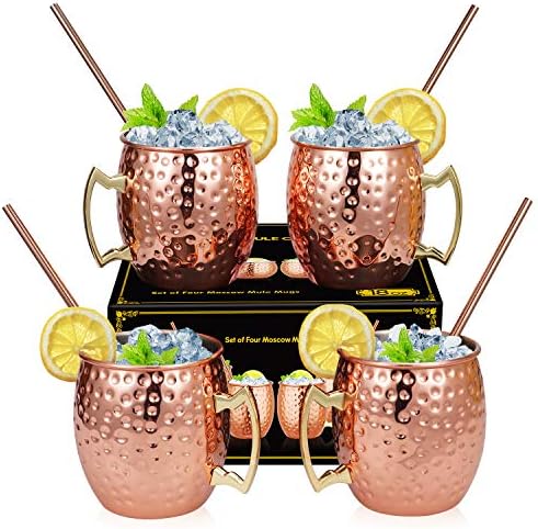 Медни чаши Hossejoy Moscow Mule - Комплект от 4- неправителствени медни чаши са ръчно изработени, 16 унции Медни чаши с 4 Коктейльными медни соломинками