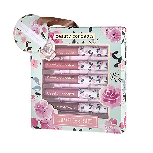 Колекция блесков за устни Beauty Concepts - Набор от Блесков за устни от 5 теми с розов цвят, Подарък кутия с цветя градински
