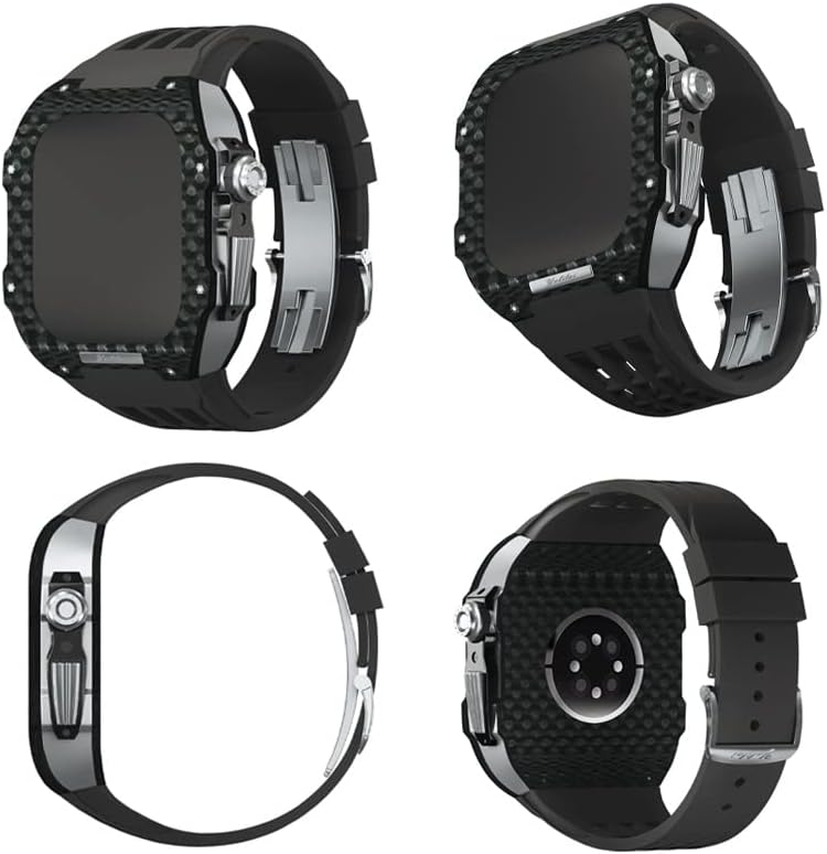 Каишка от тефлон SKM + комплект за промяна корпус от въглеродни влакна， За Apple Watch Series 8 7 45 мм, резачка от въглеродни влакна и каишка от каучук за Iwatch SE 6 5 4 44 мм Замени и ?